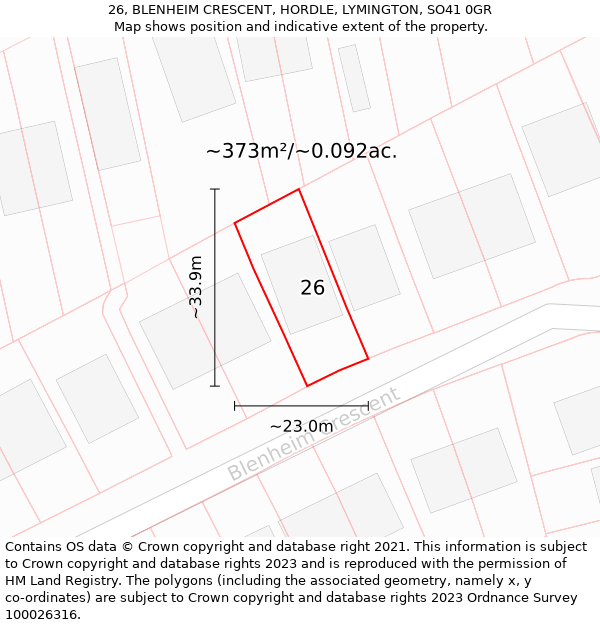 26, BLENHEIM CRESCENT, HORDLE, LYMINGTON, SO41 0GR: Plot and title map