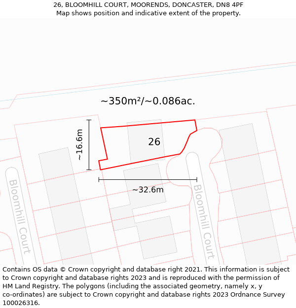 26, BLOOMHILL COURT, MOORENDS, DONCASTER, DN8 4PF: Plot and title map