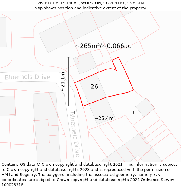 26, BLUEMELS DRIVE, WOLSTON, COVENTRY, CV8 3LN: Plot and title map