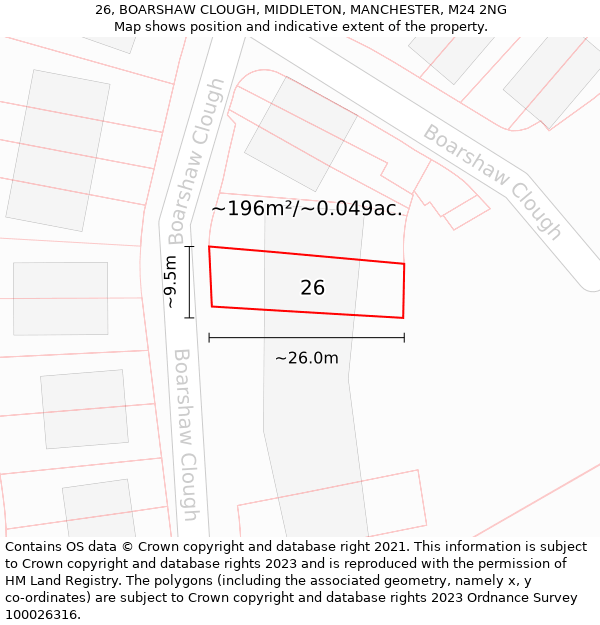 26, BOARSHAW CLOUGH, MIDDLETON, MANCHESTER, M24 2NG: Plot and title map