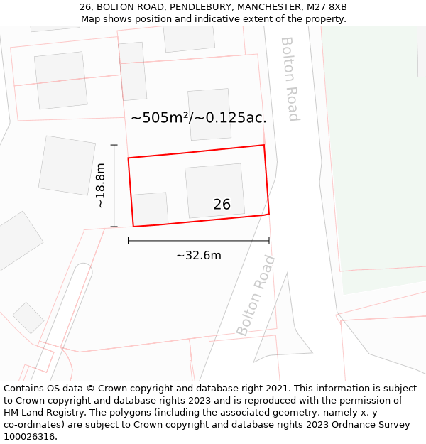26, BOLTON ROAD, PENDLEBURY, MANCHESTER, M27 8XB: Plot and title map