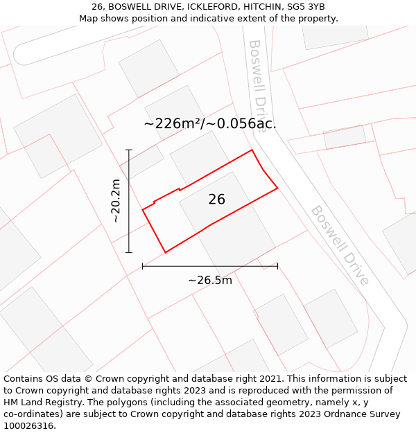 26, BOSWELL DRIVE, ICKLEFORD, HITCHIN, SG5 3YB: Plot and title map