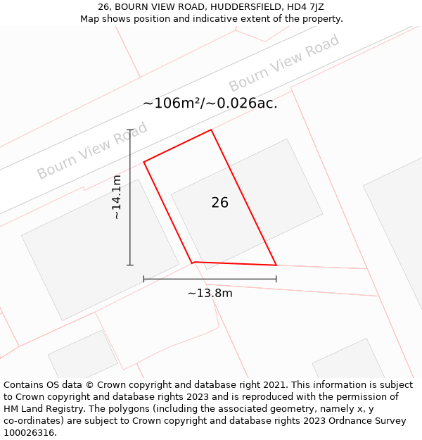 26, BOURN VIEW ROAD, HUDDERSFIELD, HD4 7JZ: Plot and title map