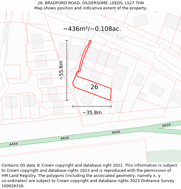 26, BRADFORD ROAD, GILDERSOME, LEEDS, LS27 7HN: Plot and title map