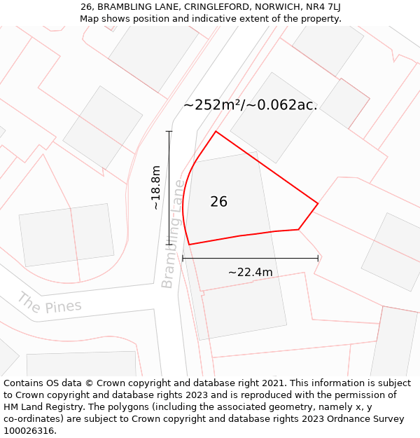 26, BRAMBLING LANE, CRINGLEFORD, NORWICH, NR4 7LJ: Plot and title map