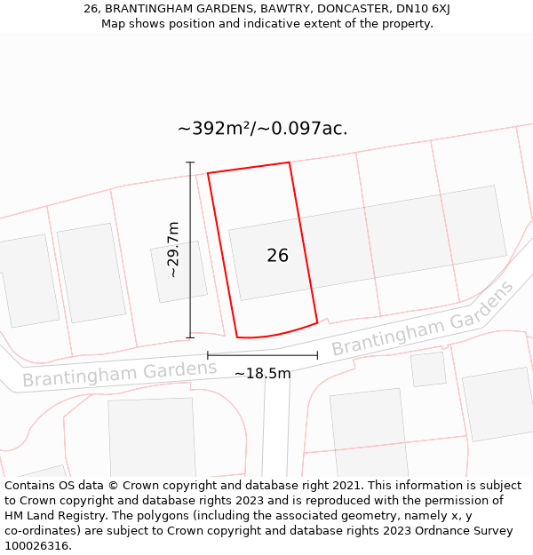 26, BRANTINGHAM GARDENS, BAWTRY, DONCASTER, DN10 6XJ: Plot and title map