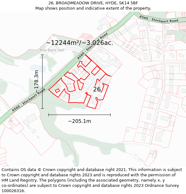 26, BROADMEADOW DRIVE, HYDE, SK14 5BF: Plot and title map