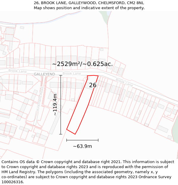 26, BROOK LANE, GALLEYWOOD, CHELMSFORD, CM2 8NL: Plot and title map