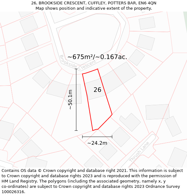 26, BROOKSIDE CRESCENT, CUFFLEY, POTTERS BAR, EN6 4QN: Plot and title map