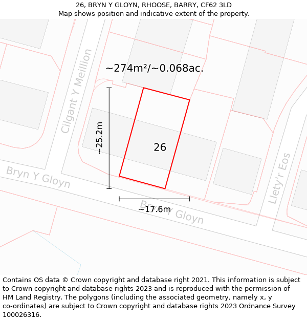 26, BRYN Y GLOYN, RHOOSE, BARRY, CF62 3LD: Plot and title map