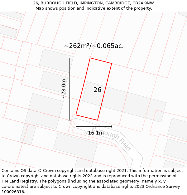 26, BURROUGH FIELD, IMPINGTON, CAMBRIDGE, CB24 9NW: Plot and title map