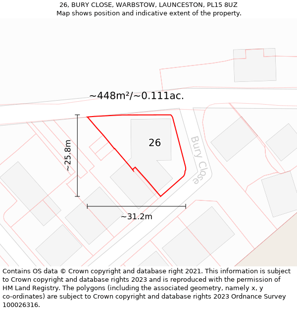 26, BURY CLOSE, WARBSTOW, LAUNCESTON, PL15 8UZ: Plot and title map