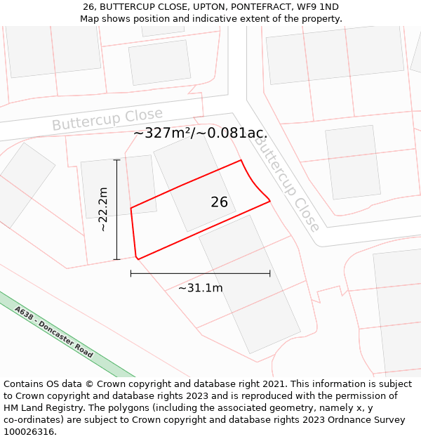 26, BUTTERCUP CLOSE, UPTON, PONTEFRACT, WF9 1ND: Plot and title map