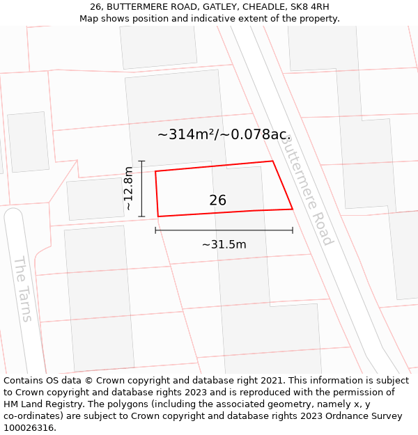 26, BUTTERMERE ROAD, GATLEY, CHEADLE, SK8 4RH: Plot and title map