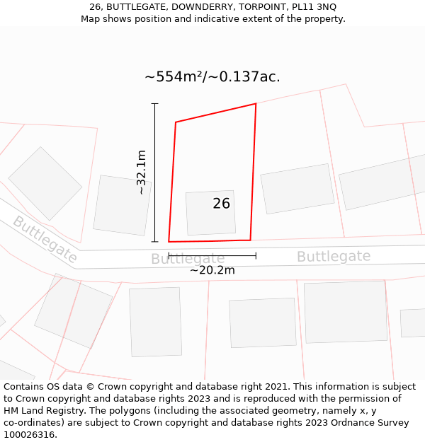 26, BUTTLEGATE, DOWNDERRY, TORPOINT, PL11 3NQ: Plot and title map