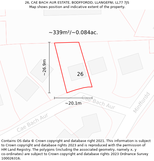 26, CAE BACH AUR ESTATE, BODFFORDD, LLANGEFNI, LL77 7JS: Plot and title map