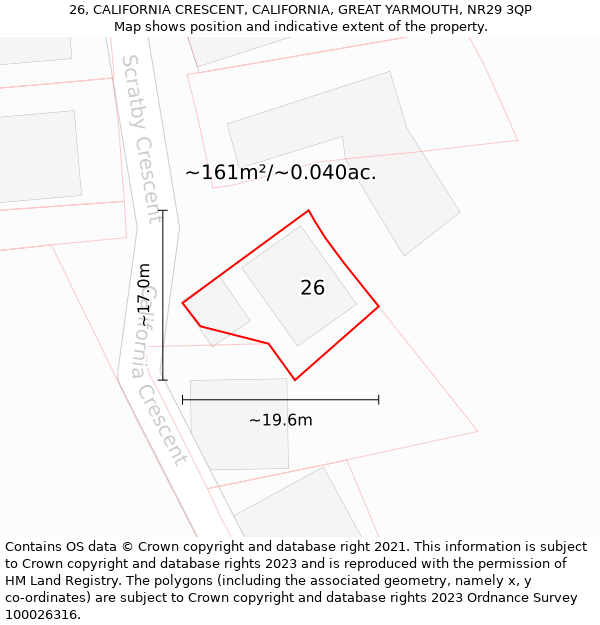 26, CALIFORNIA CRESCENT, CALIFORNIA, GREAT YARMOUTH, NR29 3QP: Plot and title map