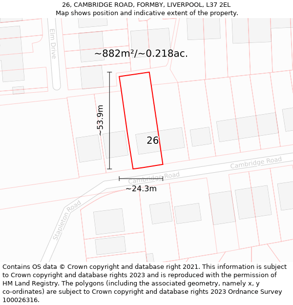 26, CAMBRIDGE ROAD, FORMBY, LIVERPOOL, L37 2EL: Plot and title map