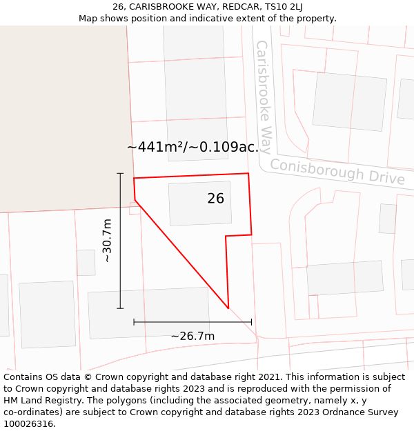 26, CARISBROOKE WAY, REDCAR, TS10 2LJ: Plot and title map