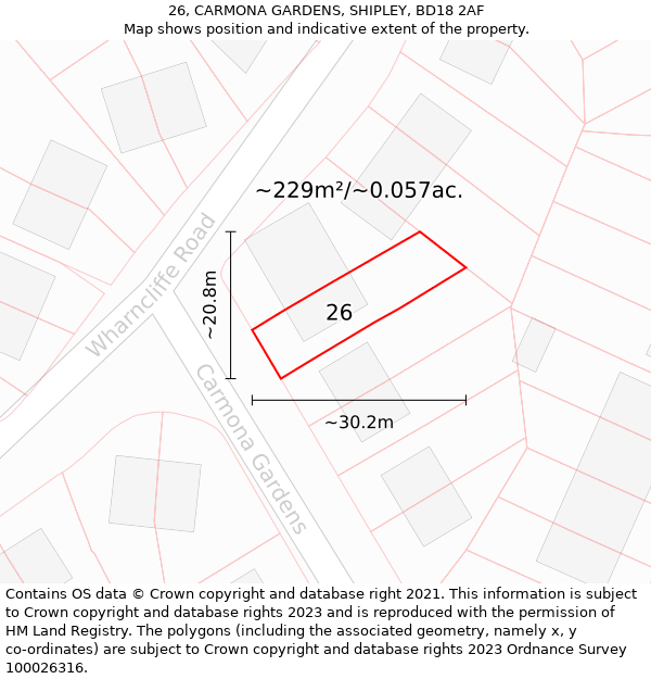 26, CARMONA GARDENS, SHIPLEY, BD18 2AF: Plot and title map