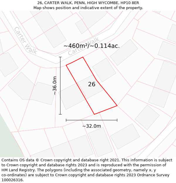 26, CARTER WALK, PENN, HIGH WYCOMBE, HP10 8ER: Plot and title map