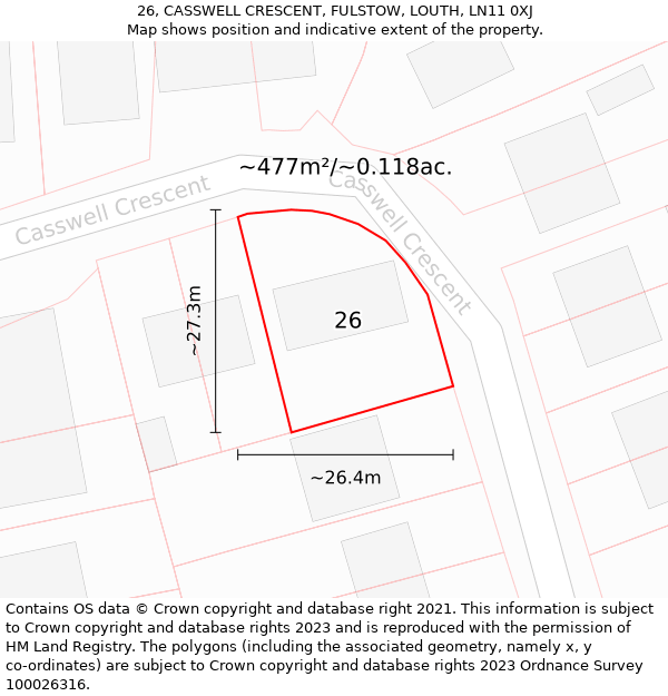 26, CASSWELL CRESCENT, FULSTOW, LOUTH, LN11 0XJ: Plot and title map