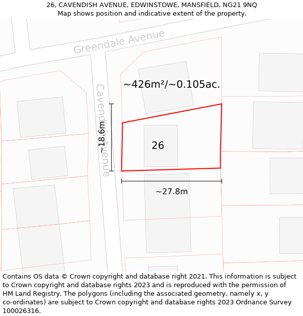 26, CAVENDISH AVENUE, EDWINSTOWE, MANSFIELD, NG21 9NQ: Plot and title map