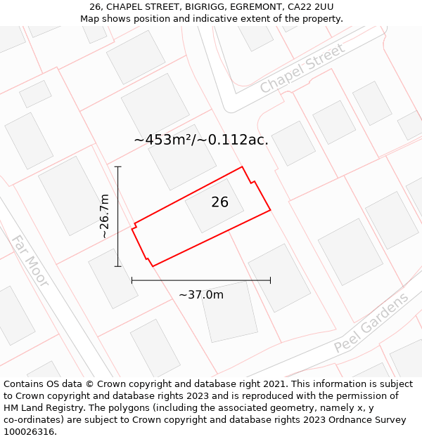 26, CHAPEL STREET, BIGRIGG, EGREMONT, CA22 2UU: Plot and title map