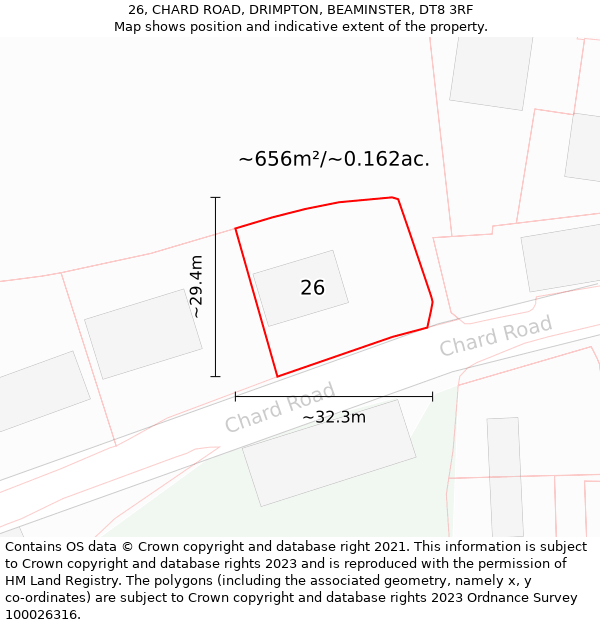 26, CHARD ROAD, DRIMPTON, BEAMINSTER, DT8 3RF: Plot and title map