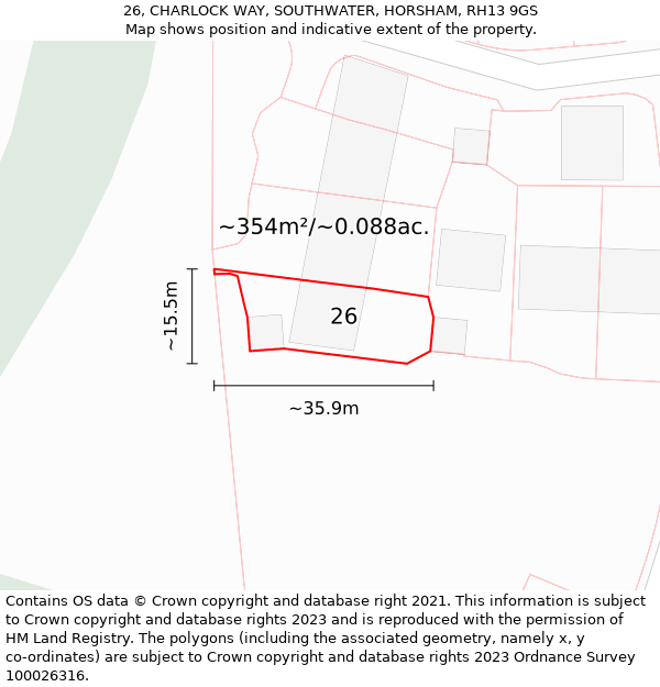 26, CHARLOCK WAY, SOUTHWATER, HORSHAM, RH13 9GS: Plot and title map