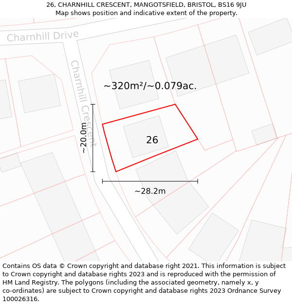 26, CHARNHILL CRESCENT, MANGOTSFIELD, BRISTOL, BS16 9JU: Plot and title map