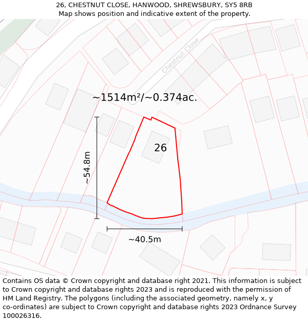 26, CHESTNUT CLOSE, HANWOOD, SHREWSBURY, SY5 8RB: Plot and title map