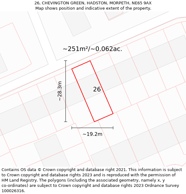 26, CHEVINGTON GREEN, HADSTON, MORPETH, NE65 9AX: Plot and title map