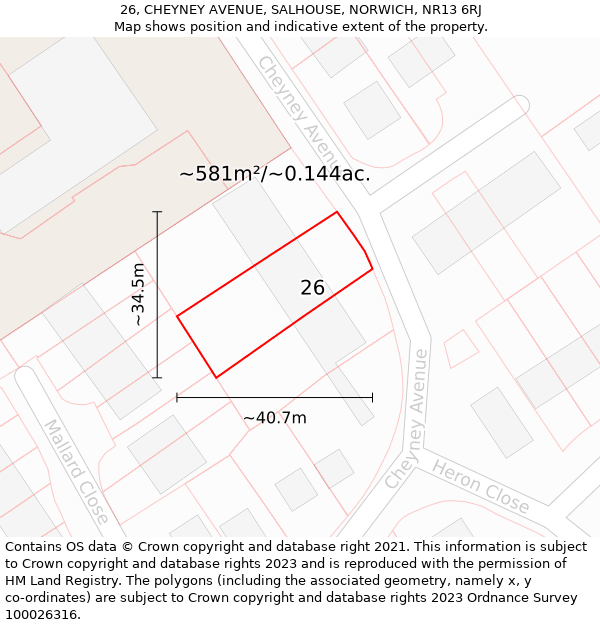 26, CHEYNEY AVENUE, SALHOUSE, NORWICH, NR13 6RJ: Plot and title map