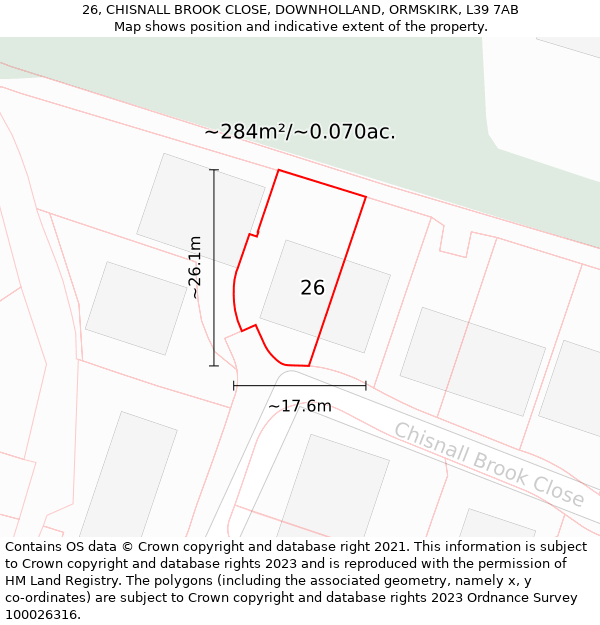 26, CHISNALL BROOK CLOSE, DOWNHOLLAND, ORMSKIRK, L39 7AB: Plot and title map