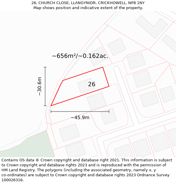 26, CHURCH CLOSE, LLANGYNIDR, CRICKHOWELL, NP8 1NY: Plot and title map