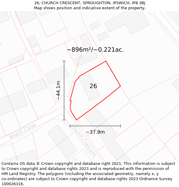 26, CHURCH CRESCENT, SPROUGHTON, IPSWICH, IP8 3BJ: Plot and title map