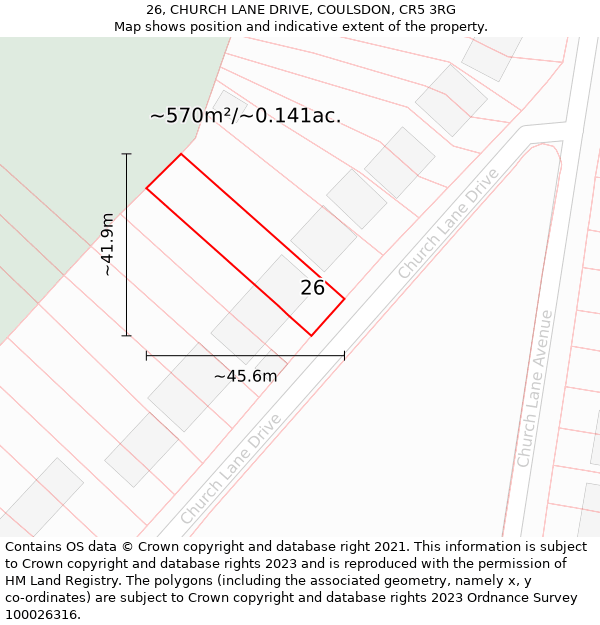 26, CHURCH LANE DRIVE, COULSDON, CR5 3RG: Plot and title map