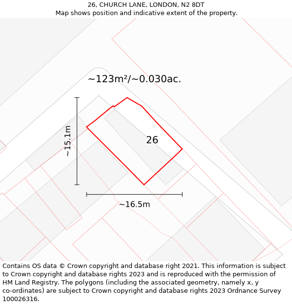 26, CHURCH LANE, LONDON, N2 8DT: Plot and title map