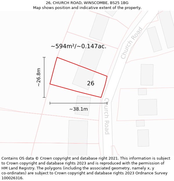 26, CHURCH ROAD, WINSCOMBE, BS25 1BG: Plot and title map