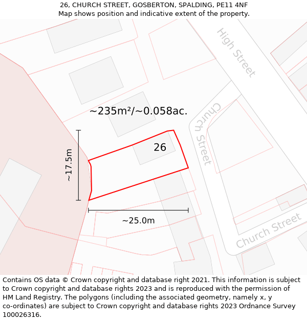 26, CHURCH STREET, GOSBERTON, SPALDING, PE11 4NF: Plot and title map