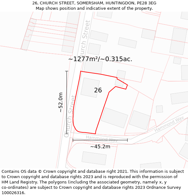 26, CHURCH STREET, SOMERSHAM, HUNTINGDON, PE28 3EG: Plot and title map