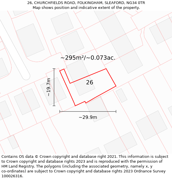 26, CHURCHFIELDS ROAD, FOLKINGHAM, SLEAFORD, NG34 0TR: Plot and title map