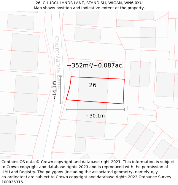 26, CHURCHLANDS LANE, STANDISH, WIGAN, WN6 0XU: Plot and title map