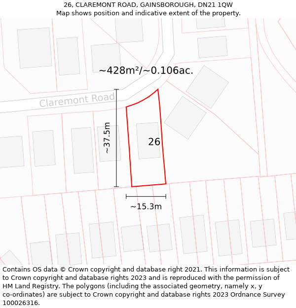 26, CLAREMONT ROAD, GAINSBOROUGH, DN21 1QW: Plot and title map