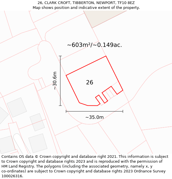 26, CLARK CROFT, TIBBERTON, NEWPORT, TF10 8EZ: Plot and title map