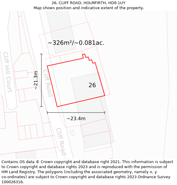 26, CLIFF ROAD, HOLMFIRTH, HD9 1UY: Plot and title map