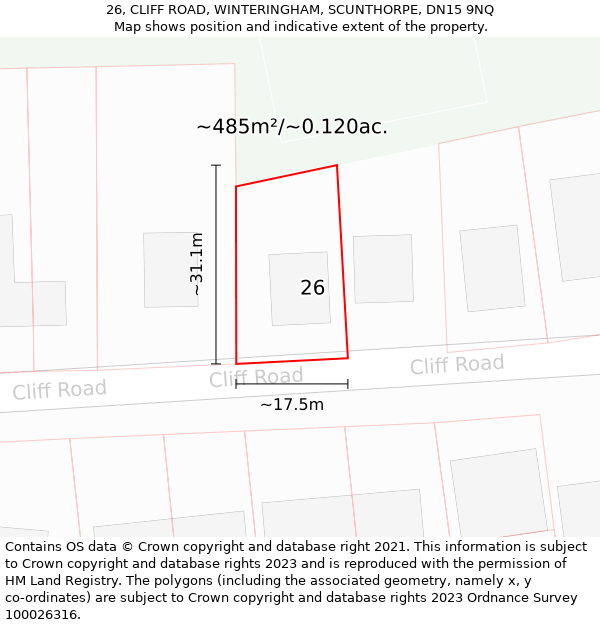 26, CLIFF ROAD, WINTERINGHAM, SCUNTHORPE, DN15 9NQ: Plot and title map