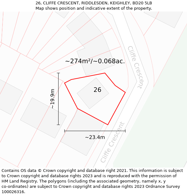 26, CLIFFE CRESCENT, RIDDLESDEN, KEIGHLEY, BD20 5LB: Plot and title map