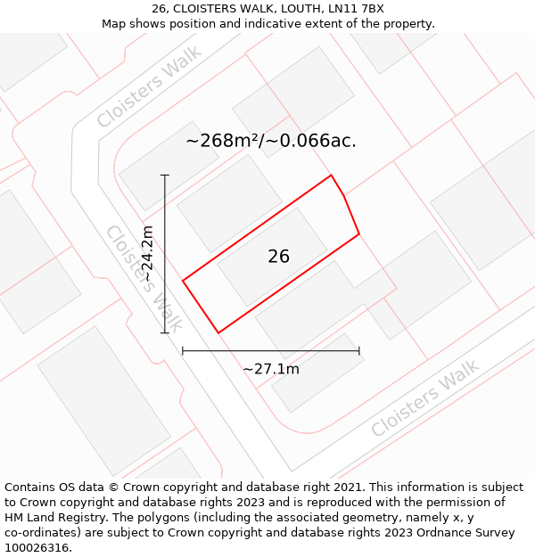 26, CLOISTERS WALK, LOUTH, LN11 7BX: Plot and title map